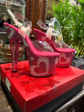 Pleaser Hot Pink Platform Heels with Clear Straps and Crystal Hearts
